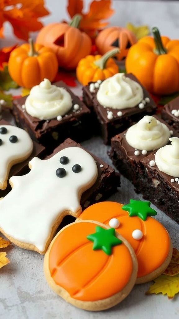 A colorful assortment of vegan Halloween treats including brownies with ghost frosting and pumpkin cookies, set against a festive fall backdrop.